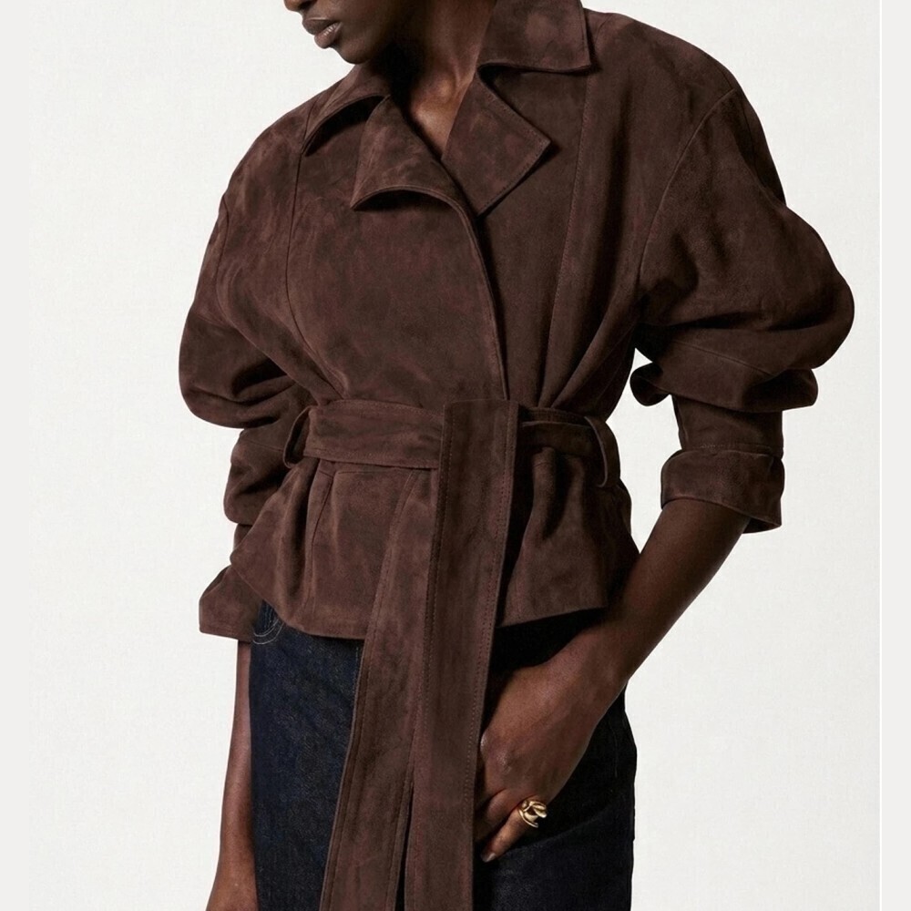 Chocolate Brown Vegan Suede Belted Short Trench Jacket